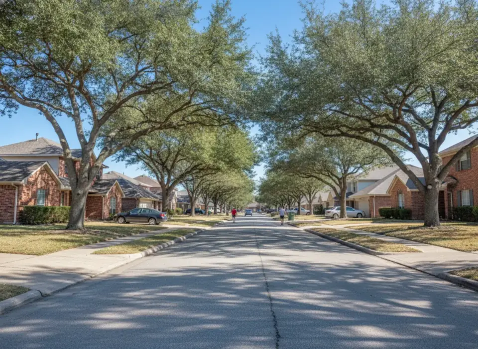 Plano neighborhood street with brick homes and live oaks