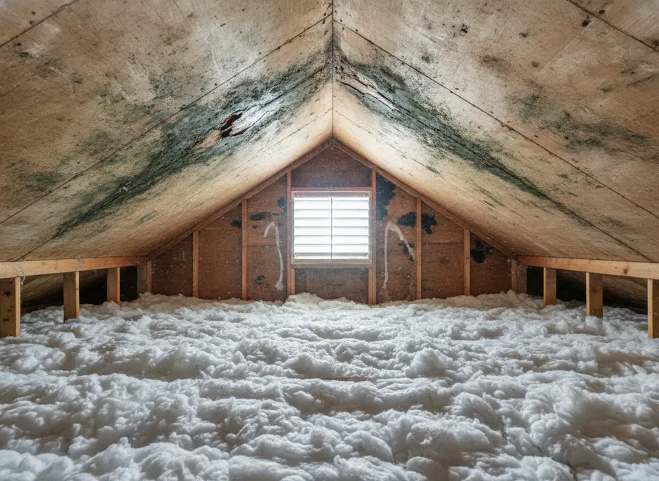 Mold staining on attic roof decking beside a roof leak