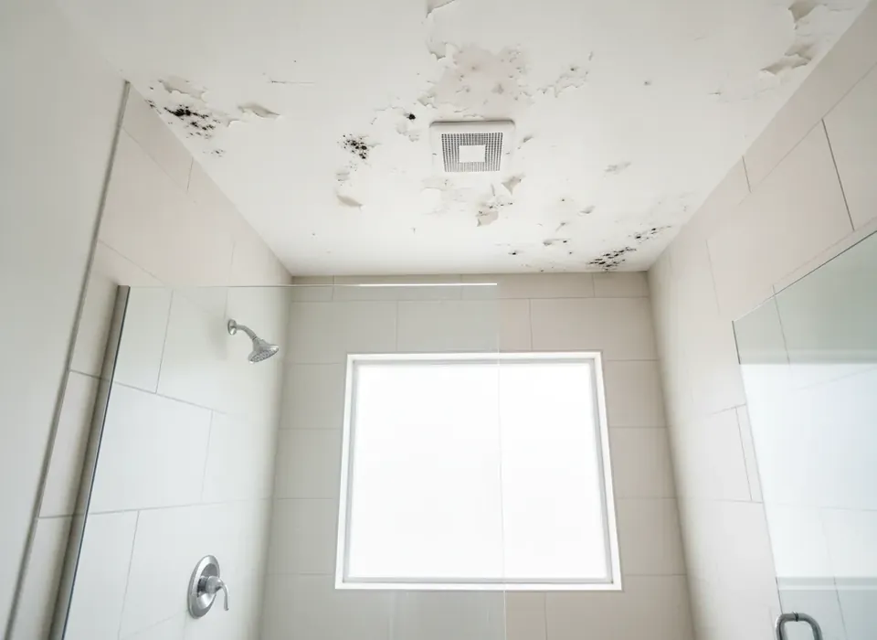Mold spots on a bathroom ceiling above the shower