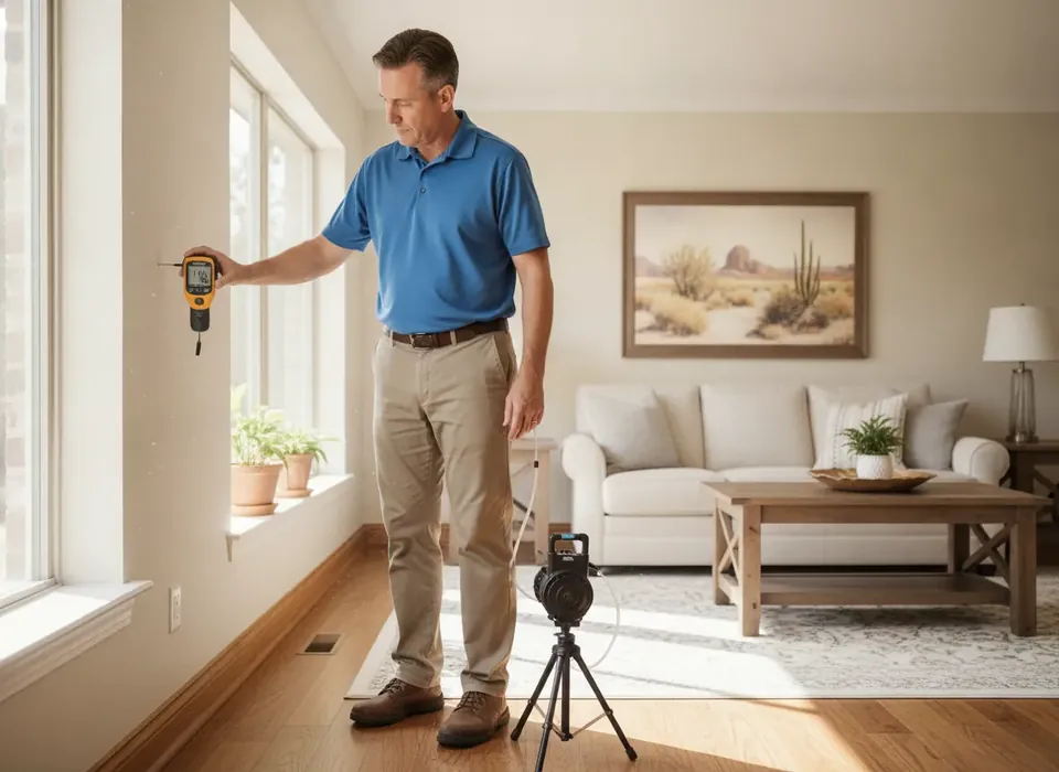 Mold assessor taking a moisture reading and air sample