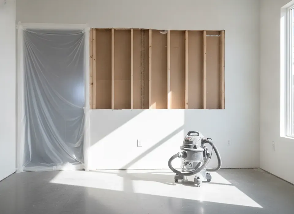 Drywall removed to the studs inside a sealed work area
